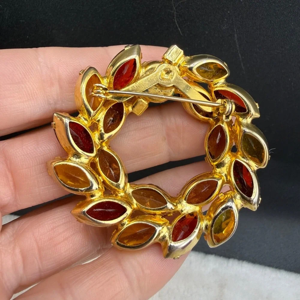 Vintage Rhinestone Brooch Gold Tone Fall Autumn Orange Red Well Made Open Back